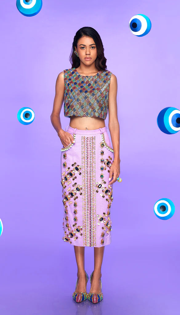 MINDY - EMBELLISHED SKIRT AND CROP TOP SET corduroy skirt textured