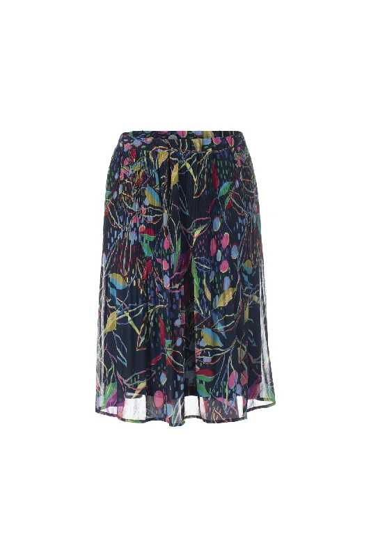 Mini Pleat printed Chiffon Skirt | Multi Navy Lurex Leaf | 8579AR wool skirt breathable