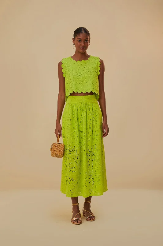 Green Monstera Eyelet Maxi Skirt lace skirt romantic