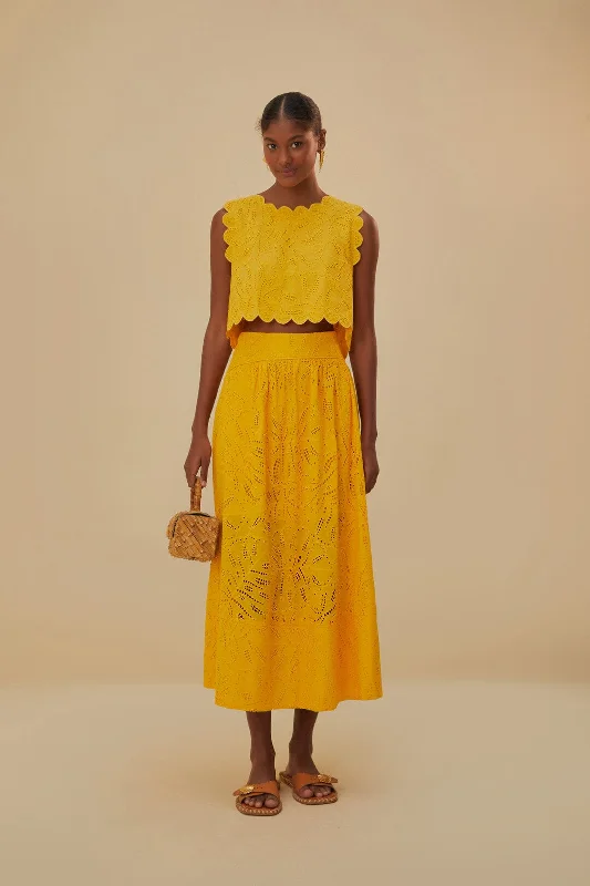 Yellow Monstera Eyelet Maxi Skirt chiffon skirt flowing