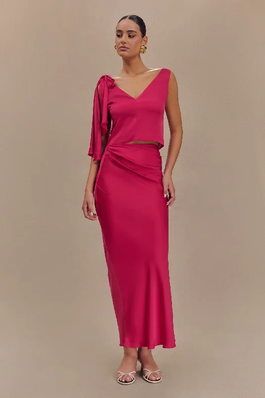 Nicola Satin Asymmetric Maxi Skirt - Pink Cherry high slit skirt
