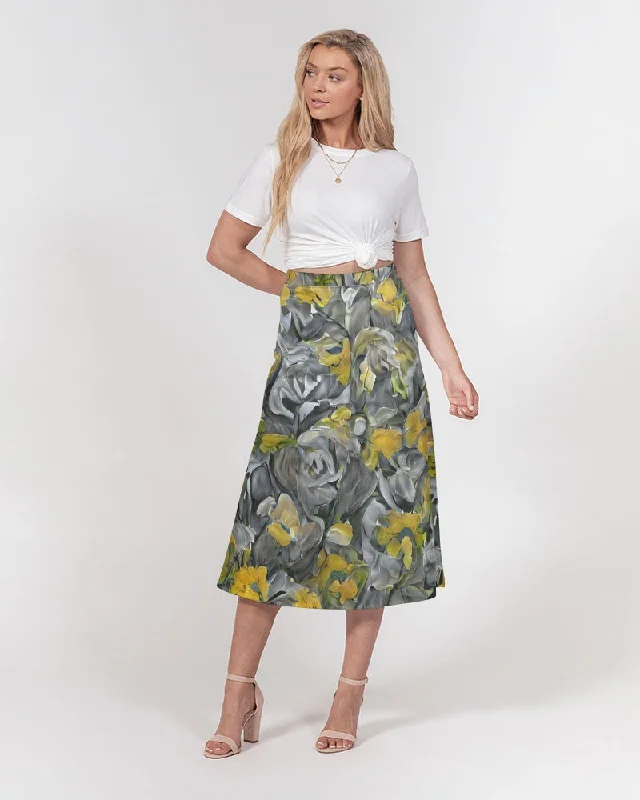 Orange and yellow and grey abstract design of Roses Women's A-Line Midi Skirt silk skirt sleek