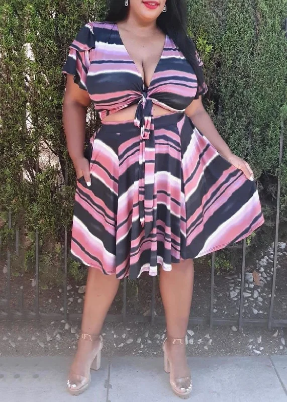 Hi Curvy Plus Size Women Multi Stripe Print Wrap Top & Flare Skirt Set velvet skirt sumptuous