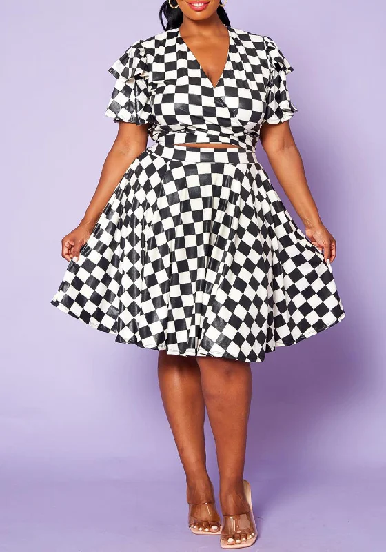 Hi Curvy Plus Size Checkered Print Wrap Top & Flare Skirt Set wool skirt sturdy