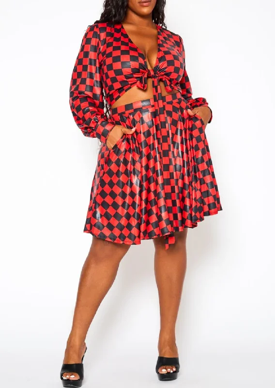 Hi Curvy Plus Size Checkered Print Wrap Top & Pleated Skirt Set ribbed skirt waist