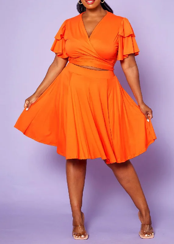 Hi Curvy Plus Size Women Ruffle Sleeve Wrap Blouse & Flare Skirt Set cashmere skirt soft Hi Curvy Plus Size Women Ruffle Sleeve Wrap Blouse & Flare Skirt Set cashmere skirt soft
