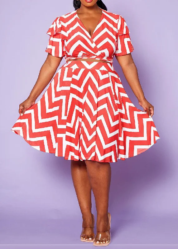 Hi Curvy Plus Size Chevron Pattern Top & Skirt Set silk skirt elegant
