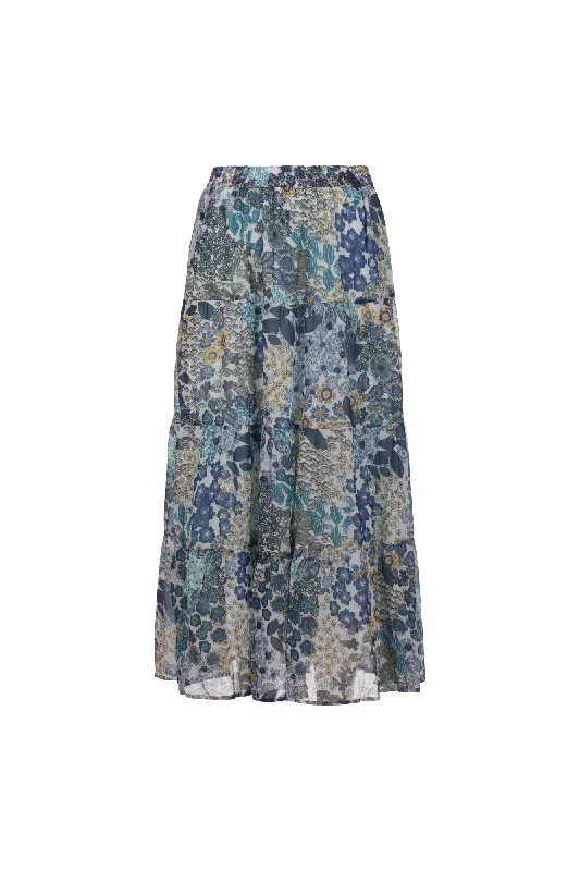 Printed Chiffon Skirt with lining | Indigo Green Garden | 8559AR velvet skirt luxurious Printed Chiffon Skirt with lining | Indigo Green Garden | 8559AR velvet skirt luxurious