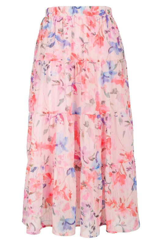 Printed Chiffon Skirt with lining | Pink Blue Garden | 8559AR corduroy skirt comfortable Printed Chiffon Skirt with lining | Pink Blue Garden | 8559AR corduroy skirt comfortable