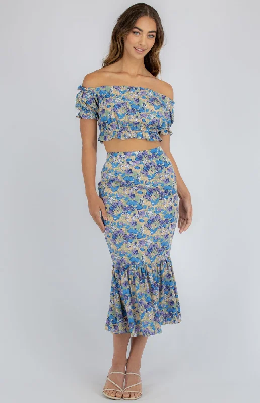 Printed Set With Off The Shoulder Top And Fishtail Skirt perfect for Summer chiffon skirt floaty Printed Set With Off The Shoulder Top And Fishtail Skirt perfect for Summer chiffon skirt floaty