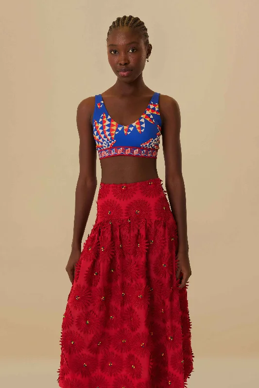 Red Daisy Flower Midi Skirt ruffled skirt detail