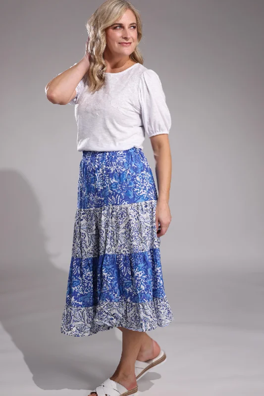 Elastic waist Skirt with 2 prints | Blue Blooms | 6540A1 silk skirt lustrous