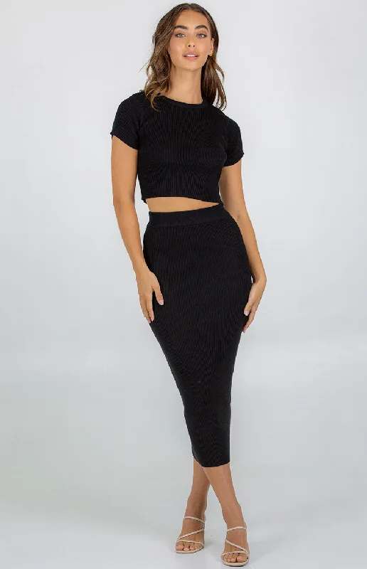 Knit Set With Round Neck Top & Midi Skirt denim skirt classic