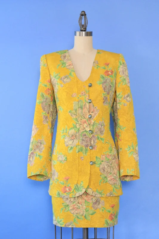 Ungaro Daffodil Brocade Mini Skirt Suit S/M cashmere skirt rich