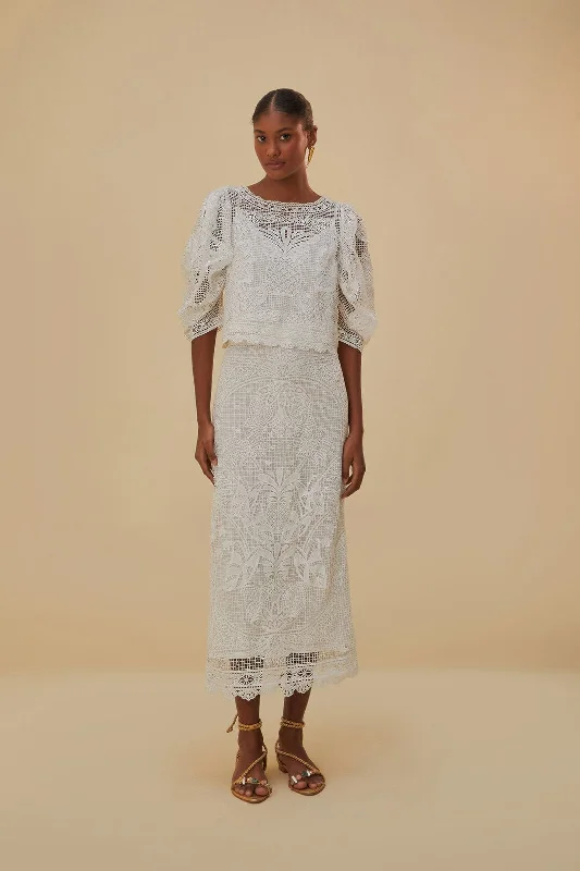 White Guipure Midi Skirt silk skirt smooth