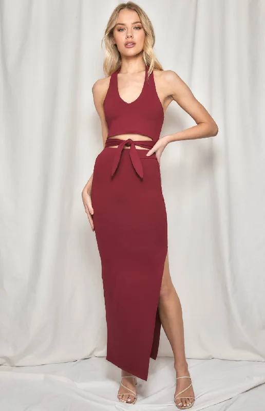 Stretch Bodycon Set with Halter Top and Maxi Skirt leather skirt bold
