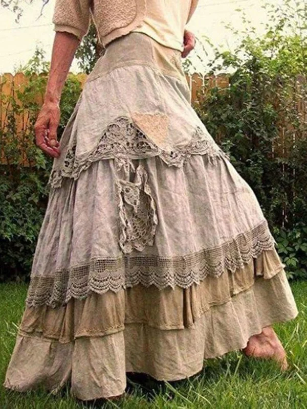 Women's Expansion Floor-Length Patchwork Mid Waist Skirt belted skirt waist