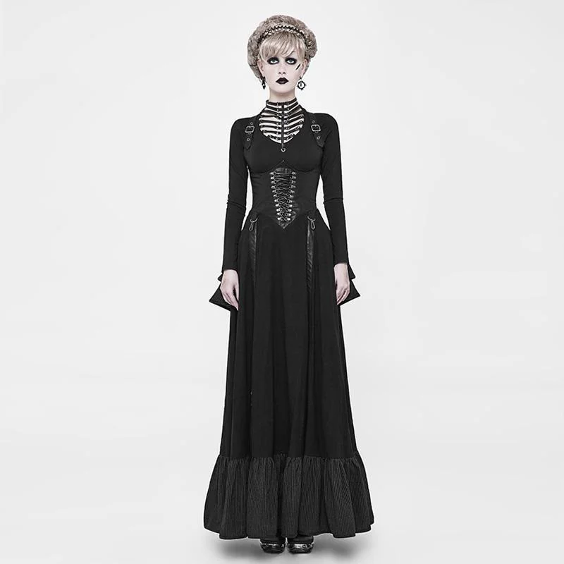Women's Punk Strap Detailed Long Skirt satin skirt smooth