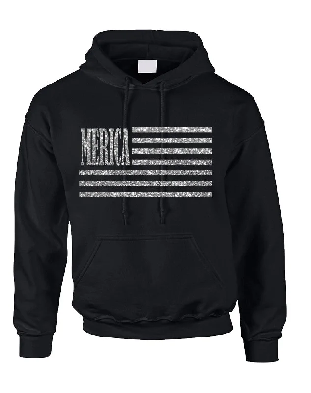 Adult Hoodie Merica Glitter Silver Flag 4th Of July USA Hoodie with Hem Frayed Vintage Worn Adult Hoodie Merica Glitter Silver Flag 4th Of July USA Hoodie with Hem Frayed Vintage Worn