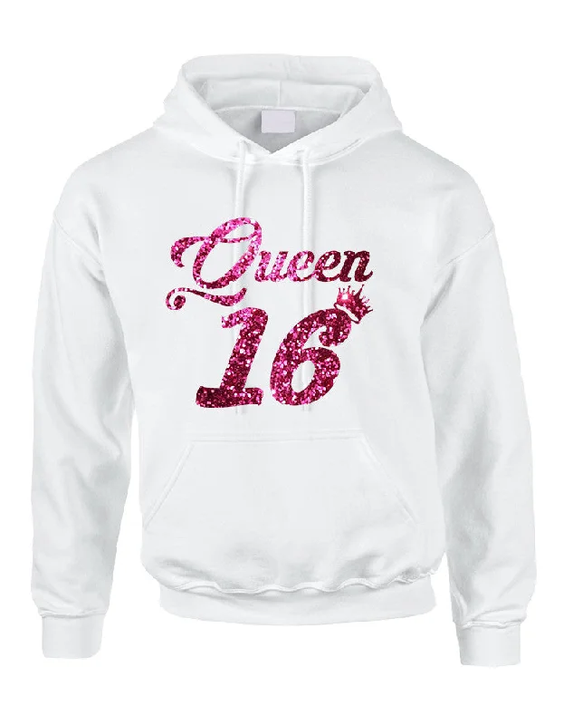 Adult Hoodie Queen 16 Glitter Pink Sweet Sixteen Party Top Hoodie with Oversized Fit Loose Comfortable Adult Hoodie Queen 16 Glitter Pink Sweet Sixteen Party Top Hoodie with Oversized Fit Loose Comfortable
