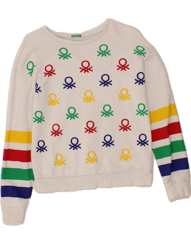 BENETTON Girls Graphic Sweatshirt Jumper 12-13 Years 2XL White Striped Hoodie with Neon Bright Vibrant BENETTON Girls Graphic Sweatshirt Jumper 12-13 Years 2XL White Striped Hoodie with Neon Bright Vibrant