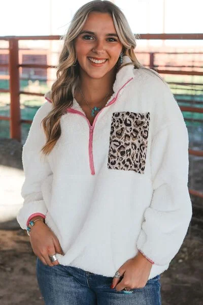 Half Zip Leopard Contrast Long Sleeve Sweatshirt Hoodie with Drawcord Adjustable Secure Half Zip Leopard Contrast Long Sleeve Sweatshirt Hoodie with Drawcord Adjustable Secure