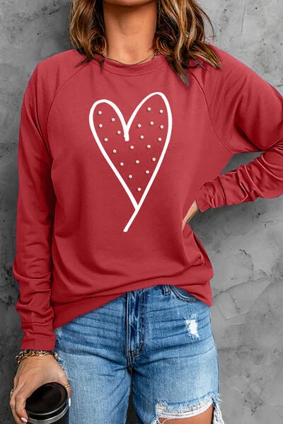 Heart Pearl Detail Round Neck Ladies Sweatshirt Hoodie with Stripes Bold Sporty