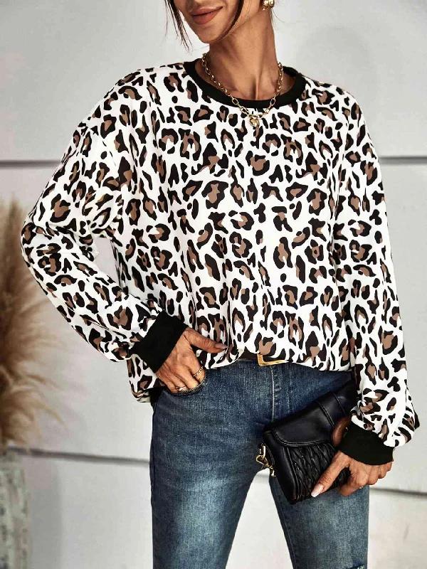 Leopard Round Neck Dropped Shoulder Ladies Sweatshirt Hoodie with Slim Fit Tailored Modern Leopard Round Neck Dropped Shoulder Ladies Sweatshirt Hoodie with Slim Fit Tailored Modern