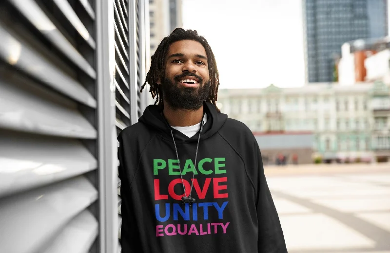 "PEACE LOVE UNITY EQUALITY" Premium Organic Cotton Unisex Hoodie Hoodie with Hem Detail Decorative Unique "PEACE LOVE UNITY EQUALITY" Premium Organic Cotton Unisex Hoodie Hoodie with Hem Detail Decorative Unique