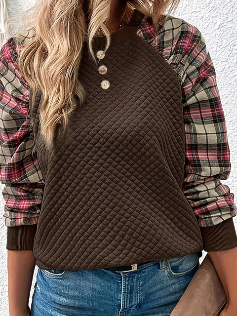 Plaid Round Neck Ladies Sweatshirt Hoodie with Embroidery Detailed Premium