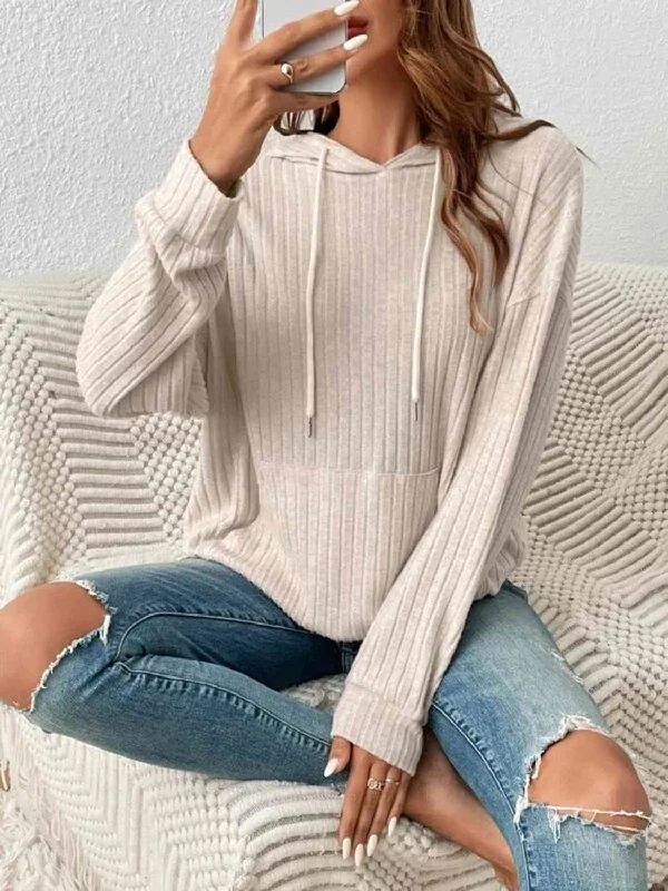 Ladies Ribbed Dropped Shoulder Drawstring Hoodie Hoodie with Slit Hem Functional Movement Ladies Ribbed Dropped Shoulder Drawstring Hoodie Hoodie with Slit Hem Functional Movement