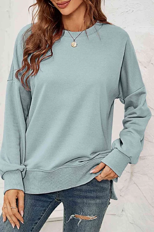 Round Neck  Dropped Shoulder Slit Ladies Sweatshirt Hoodie Dress Longline Feminine