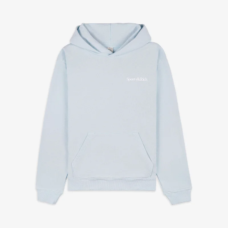 SPORTY & RICH | EAT MORE VEGGIES HOODIE { BABY BLUE/WHITE Hoodie with Contrast Stitching Detailed Premium SPORTY & RICH | EAT MORE VEGGIES HOODIE { BABY BLUE/WHITE Hoodie with Contrast Stitching Detailed Premium