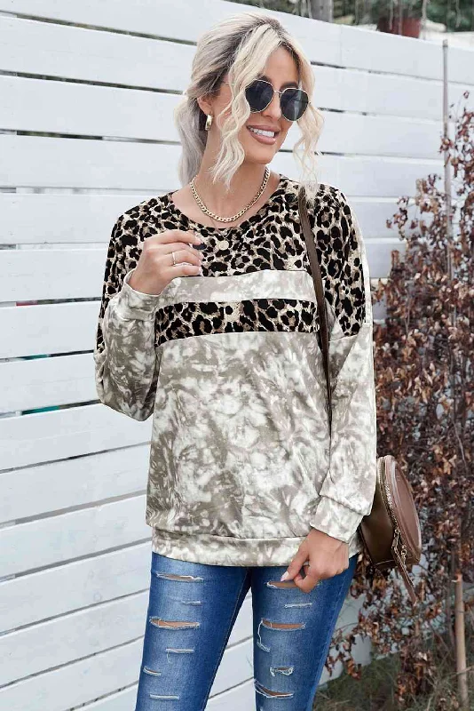 Tie-Dye Leopard Round Neck Ladies Sweatshirt Hoodie with Sequins Glamorous Eye-catching