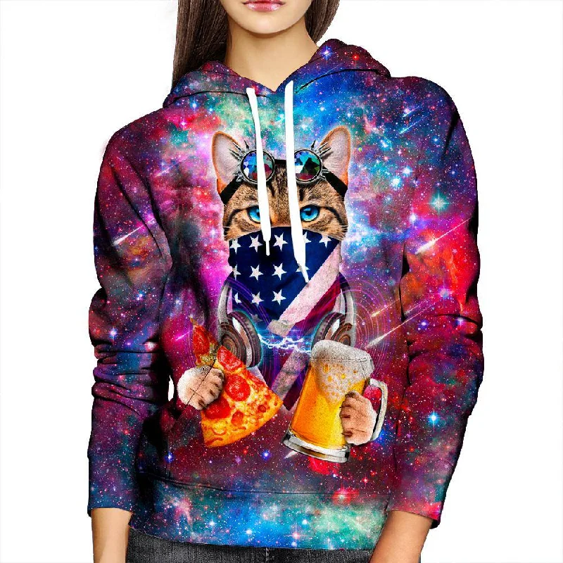 USA Rave Cat Womens Hoodie Hoodie with Hem Embroidery Detailed Premium