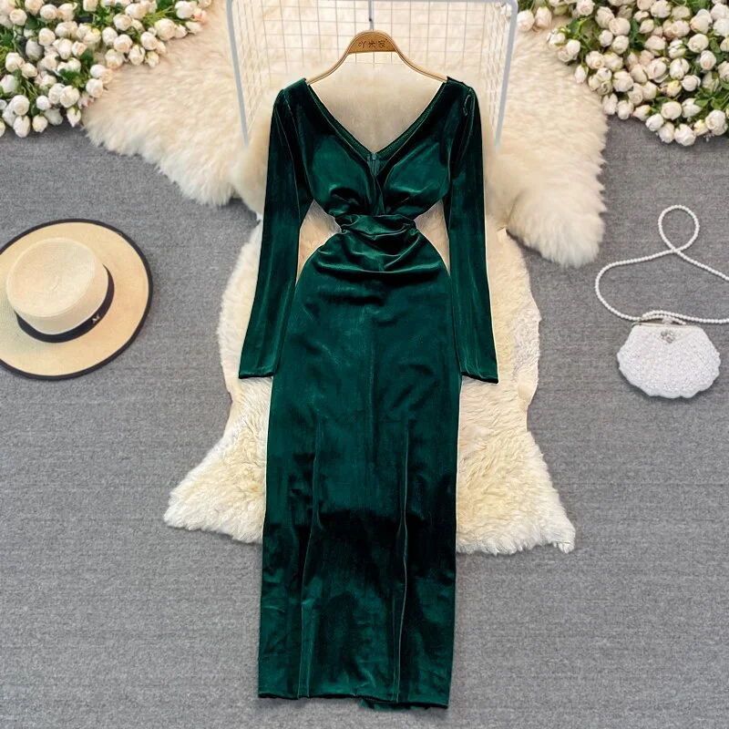 Autumn Winter Green/Black Velvet Long Dress Women Sexy V-Neck High Waist Bodycon Party Vestido Female Slim Maxi Robe Fashion Tunics Party sparkling