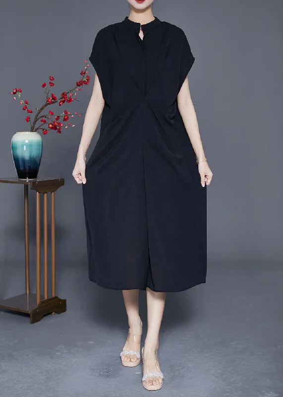 Casual Black Stand Collar Wrinkled Spandex Long Dresses Summer Tunics Sale discount