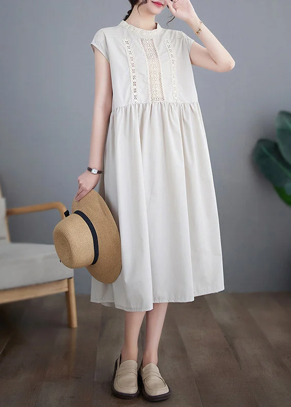 Chic Beige O-Neck Solid Cotton Long Dresses Short Sleeve Tunics Designer luxury