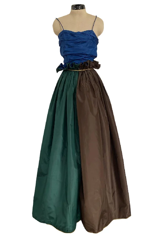 Dreamy 1970s James Galanos Blue Brown & Green Silk Dress w Ruffled Waist & Metallic Gold Trim Tunics Ceremony elegant