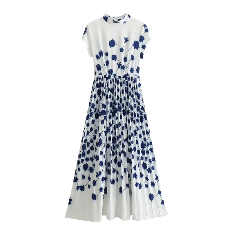 Floral pressed pleated long dress Tunics Denim casual