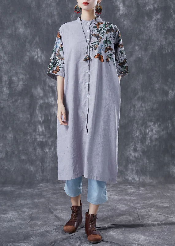 Modern Grey Stand Collar Print Linen Long Dress Summer Tunics Vintage classic