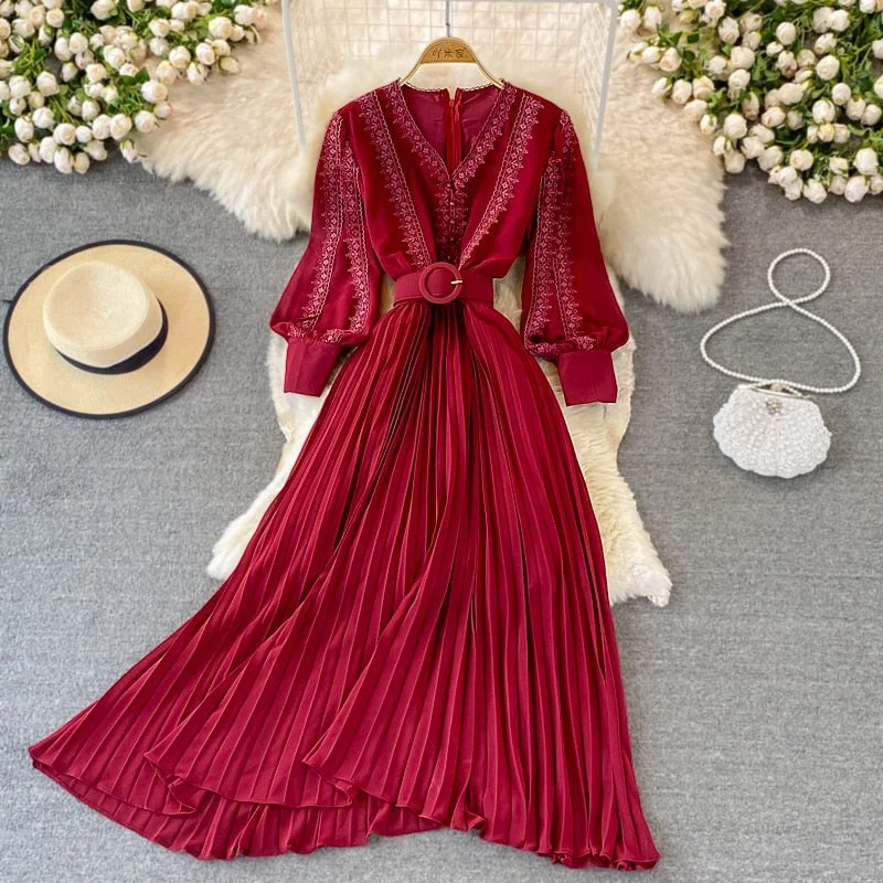 Red/Yellow/Black Embroidered Pleated Long Dress Vintage V-Neck Lantern Long Sleeve High Waist Draped Maxi Vestidos Female 2022 Tunics Seasonal trendy Red/Yellow/Black Embroidered Pleated Long Dress Vintage V-Neck Lantern Long Sleeve High Waist Draped Maxi Vestidos Female 2022 Tunics Seasonal trendy