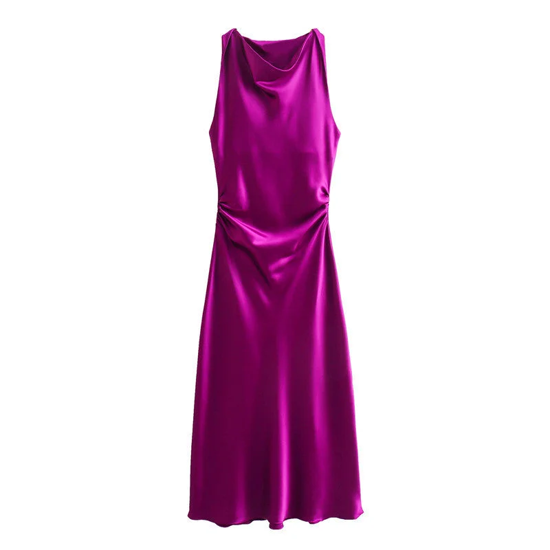 Round Neck Silk Satin  Waist Dress Tunics Travel practical