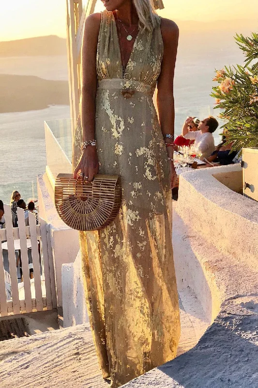 Vacation Print Mesh V Neck Waist Skirt Dresses Tunics Brand named
