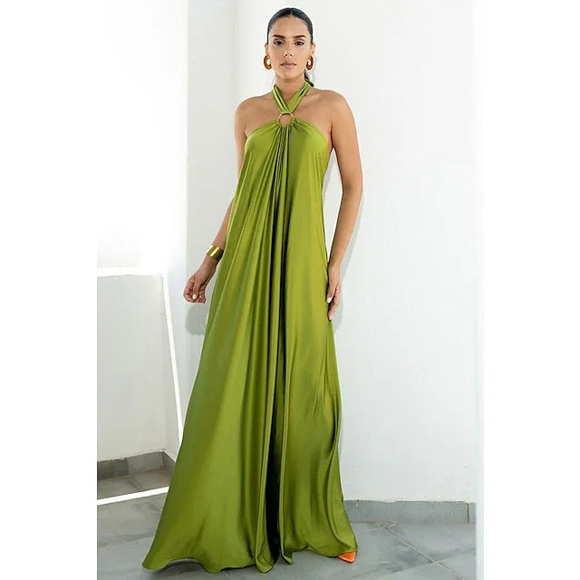 Women's Satin Dress Maxi long Dress Green Blue Orange Sleeveless Pure Color Backless Summer Halter Neck Stylish Elegant Casual Loose S M L XL Tunics Bridal satin