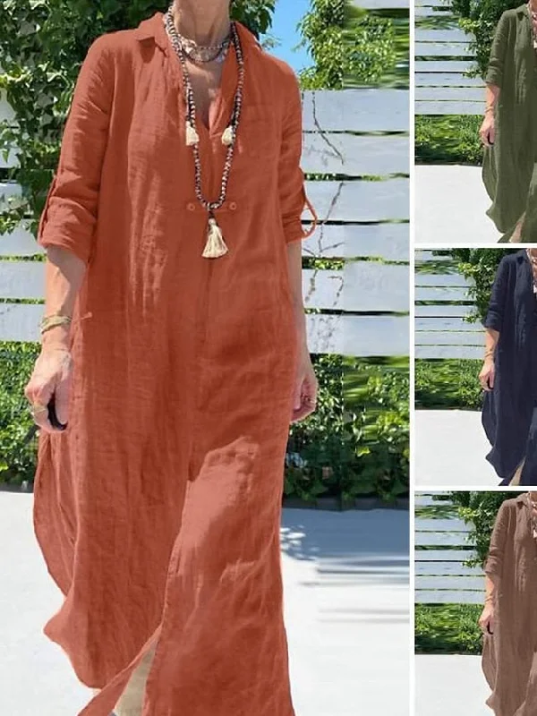 Women's Shirt Dress Cotton Linen Dress Casual Dress Maxi long Dress Cotton And Linen Basic Casual Outdoor Daily Shirt Collar Split Long Sleeve Summer Spring Fall Loose Fit Navy Blue Orange Green Tunics Gym athletic
