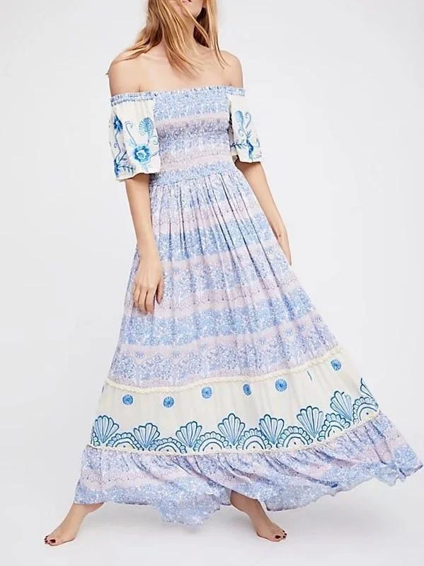 2018 New Printed Off Shoulder Beach Boho Maxi Long Dress Boatneck Modish Everyday