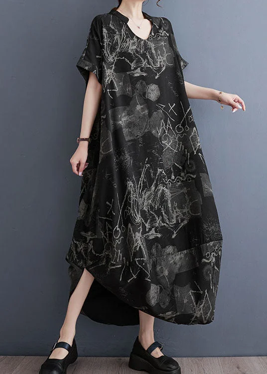 Art Black V Neck Print Patchwork Cotton Long Dress Summer Tunics Distressed trendy