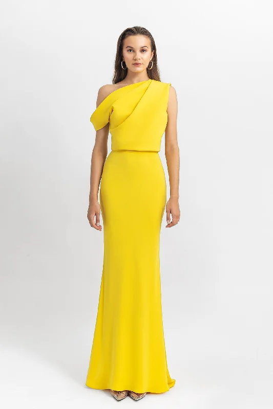 Asymmetrical cut crepe long dress with draping details on the upper part and a slim cut skirt Square Neckline Feminine Asymmetrical cut crepe long dress with draping details on the upper part and a slim cut skirt Square Neckline Feminine