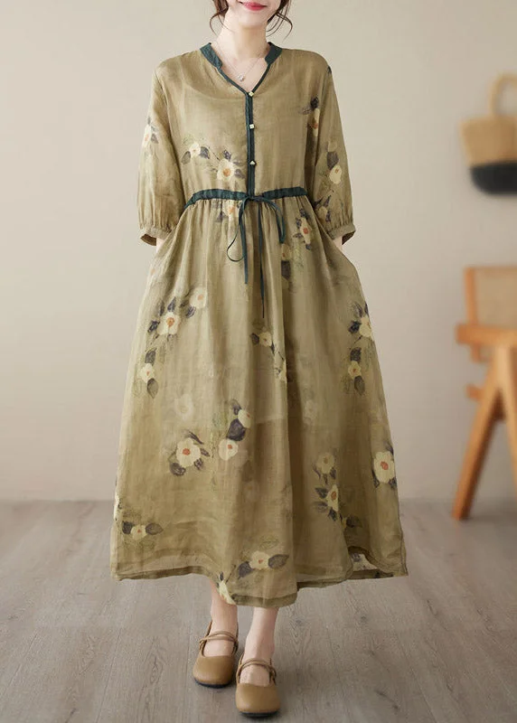 Beautiful Yellow V Neck Print Wrinkled Tie Waist Linen Long Dresses Summer Tunics Fleece cozy Beautiful Yellow V Neck Print Wrinkled Tie Waist Linen Long Dresses Summer Tunics Fleece cozy
